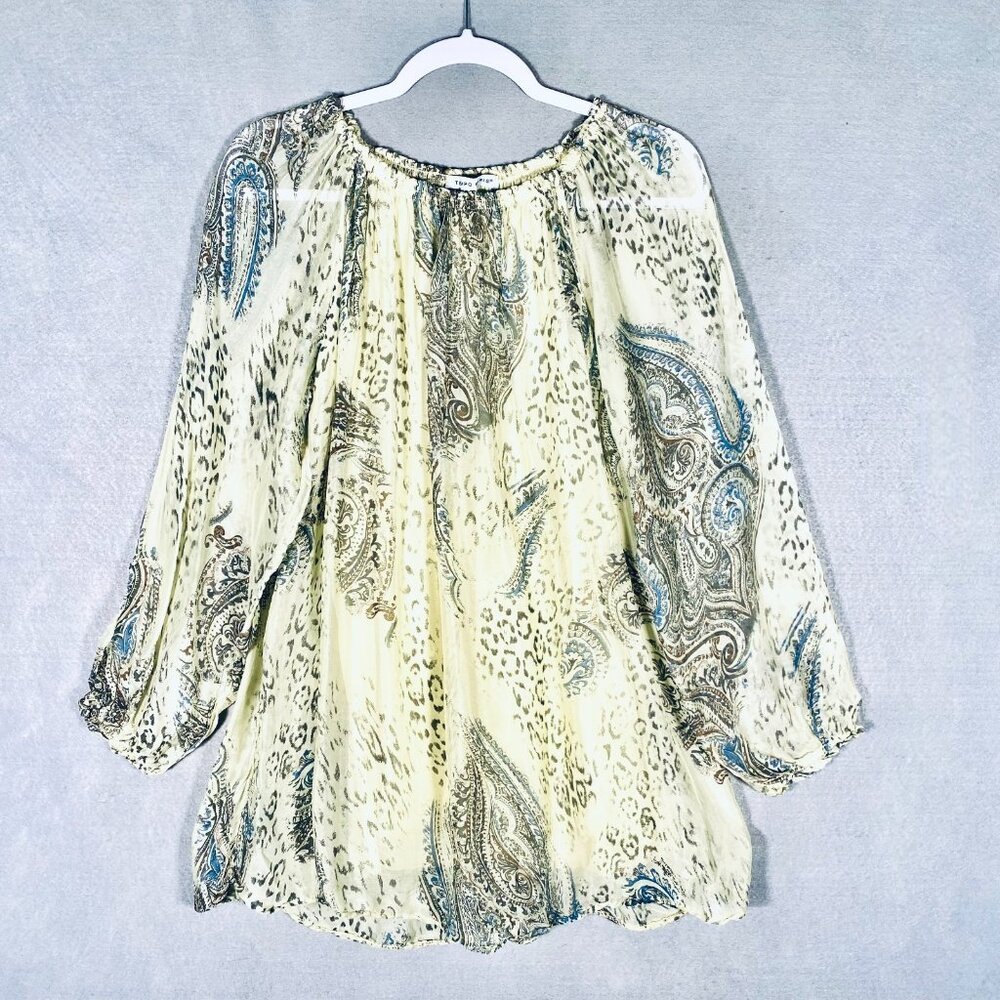 Tempo Paris Top Women L Yellow Silk Paisley Pullover Tunic Blouse Italy